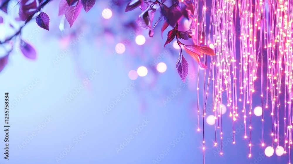 Obraz premium Vibrant Fairy Lights with Leaves on a Soft Blue Background