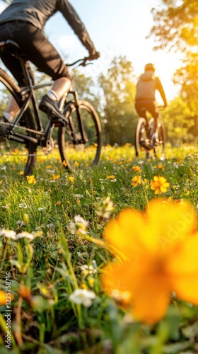 Couple Cycling Through Sunny Field of Yellow Flowers