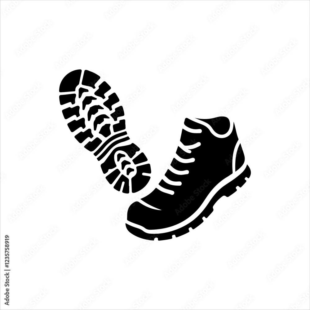 Hiking shoe with print silhouette icon vector illustration design on white background. Hiking shoe with print silhouette icon vector illustration design on white background.