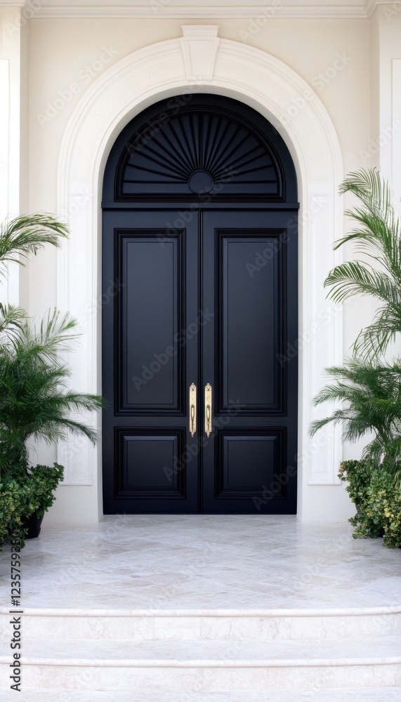 Fototapeta premium Elegant black double doors with arched entryway.