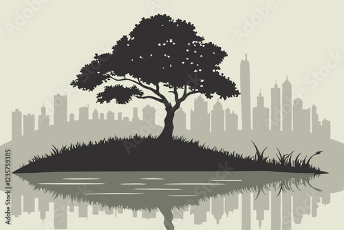  Futuristic city skyline, lush green island, lone tree, reflective water, misty atmosphere, environmental contrast, urban vs nature, sustainability concept, surreal landscape, digital art, high detail