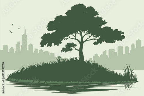  Futuristic city skyline, lush green island, lone tree, reflective water, misty atmosphere, environmental contrast, urban vs nature, sustainability concept, surreal landscape, digital art, high detail