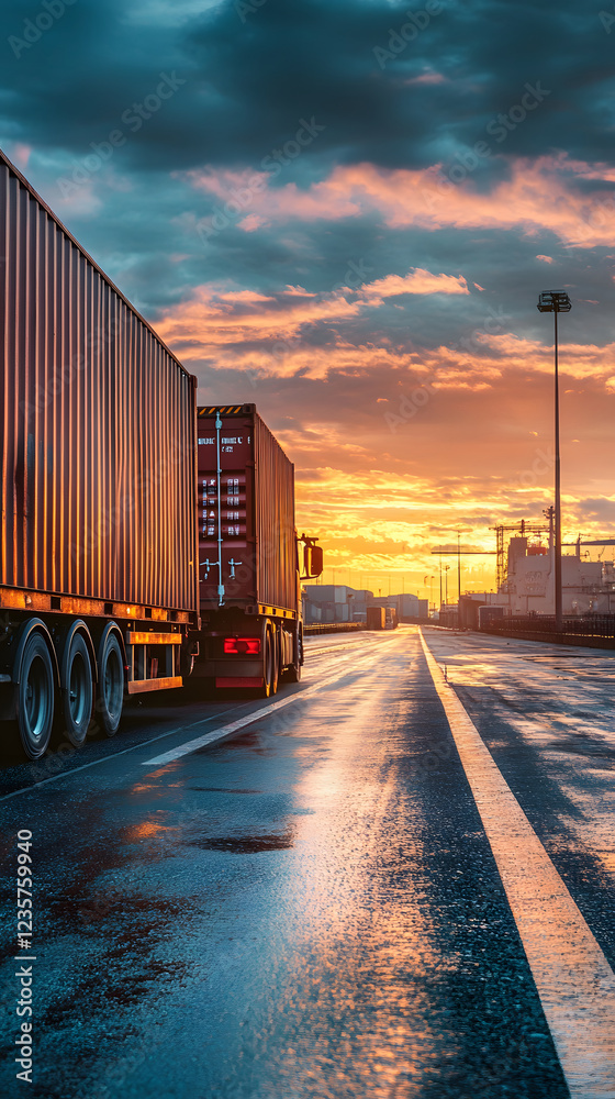 Obraz premium Semi-Truck with Shipping Containers on Wet Road at Sunset