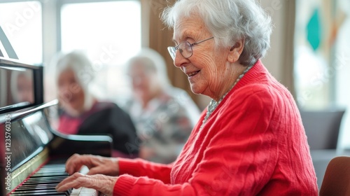 Elderly woman playing piano, senior center, friends listening, joyful music therapy photo