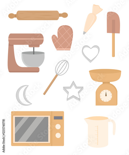 baking tools and utensils in a soft, pastel color palette. It includes a rolling pin, stand mixer, oven mitt, piping bag, whisk, spatula, kitchen scale, microwave, measuring cup, and cookie cutters 