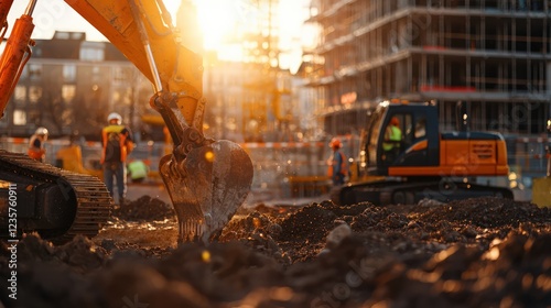 Construction Workers Operate Heavy Machinery at Sunset