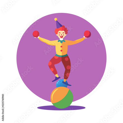 Juggling clown on a balance ball sticker, vector art