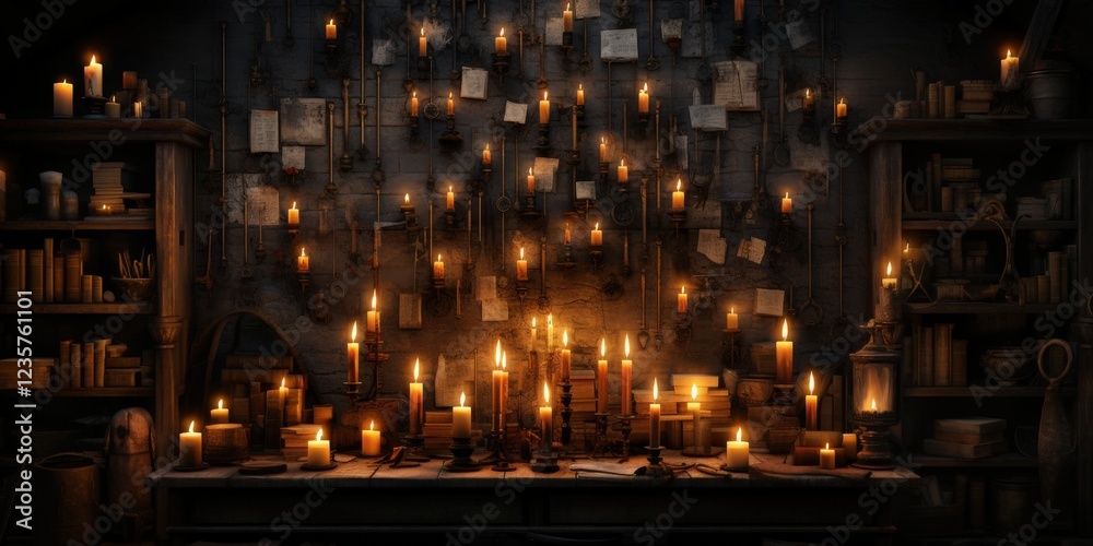 Obraz premium Candlelit study, notes on wall, bookshelves, nighttime. Fantasy setting, ideal for games, films.