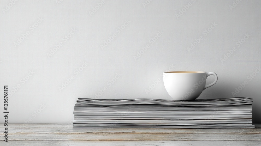 Minimalist scene featuring a white cup resting on a stack of magazines against a plain backdrop Minimalist scene featuring a white cup resting on a stack of magazines against a plain backdrop