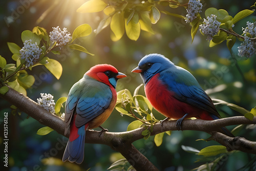 Two vibrant birds sitting on a branch, surrounded by blooming white flowers with soft sunlight in the background.