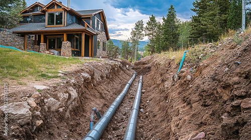 New Home Construction Utility Pipes Installation Rural Setting grey work house water sewer lines    