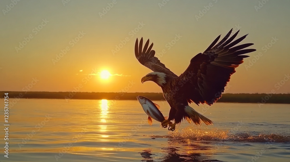 Obraz premium Majestic Eagle Soaring With Its Prey At Sunset