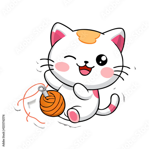 Adorable white cat with ball of yarn, cute kitten vector sticker