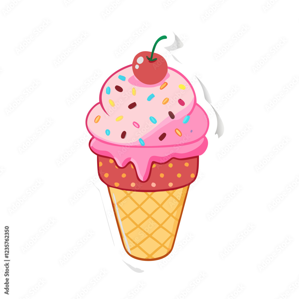 Smiling pink ice cream cone vector sticker, fun dessert illustration Smiling pink ice cream cone vector sticker, fun dessert illustration