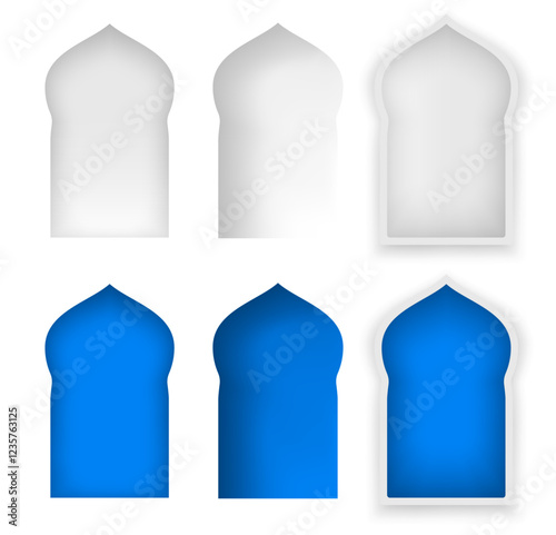 Arabic arch windows. 3d white realistic islamic arches, arabesque alcove, door or window of castle or mosque, frames for muslim holidays, design element for Ramadan Kareem card. Vector illustration
