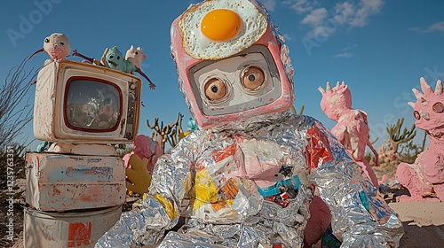 Absurd Robot Figure With Egg Head Next To Vintage Television Set In Desert Under Blue Sky. photo