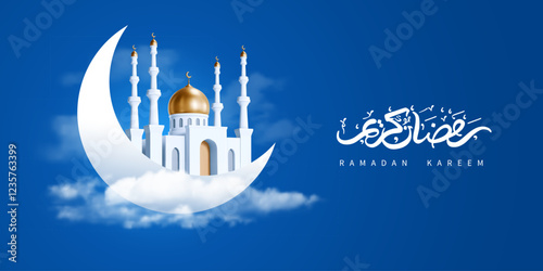 Ramadan Kareem greeting card template with crescent moon, mosque and calligraphy inscription which means Ramadan Kareem, on night cloudy blue background. Realistic 3d vector illustration