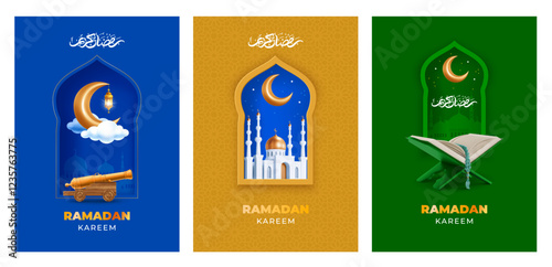 Ramadan Kareem greeting card templates set with gold crescent moon, mosque, Quran, cannon and calligraphy which means Ramadan Kareem, on green, gold, blue background. Realistic 3d vector illustration