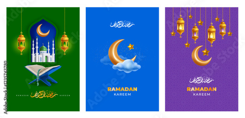 Ramadan Kareem greeting card templates set. Gold crescent moon, mosque, Quran, lanterns and calligraphy which means Ramadan Kareem, on green, purple, blue background. Realistic 3d vector illustration