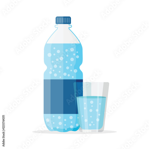 Soda drink icon in flat style. Plastic bottle and drinking glass vector illustration on isolated background. Water beverage sign business concept.