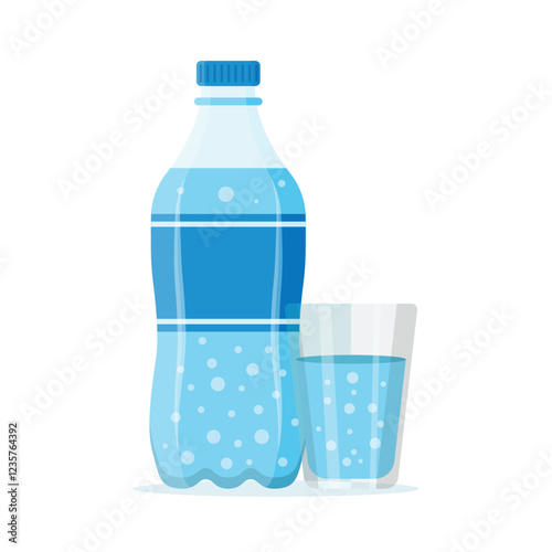 Soda drink icon in flat style. Plastic bottle and drinking glass vector illustration on isolated background. Water beverage sign business concept.