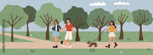 Couple walking in the park. Dating in the park. People walking with pet. Urban park. Dog walking in the parks. Doing sport. Spring season. Summer time.