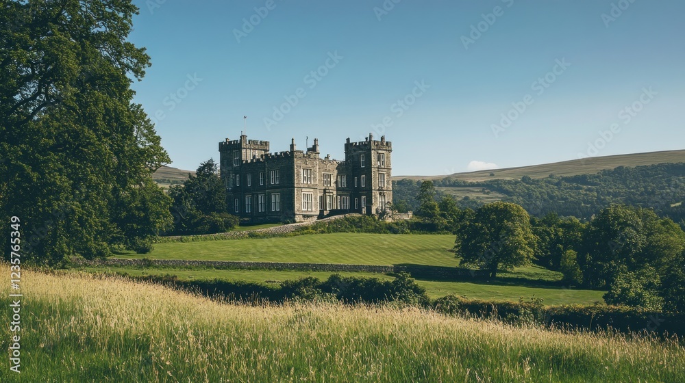 A majestic castle set in a lush landscape under a clear blue sky. A majestic castle set in a lush landscape under a clear blue sky.