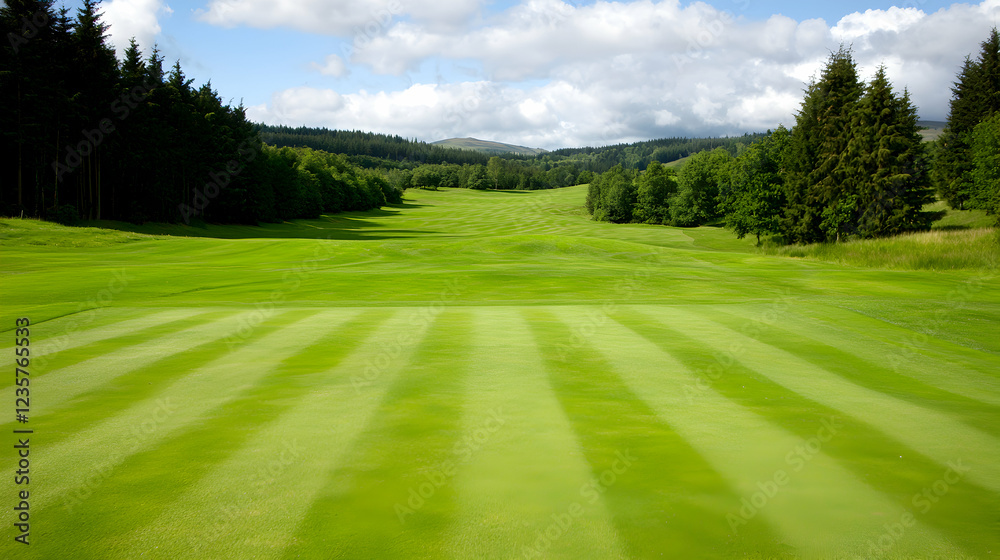 A serene view of a well-manicured golf course with lush green grass and a backdrop of gentle hills under a clear blue sky, perfect for relaxation and recreation. A serene view of a well-manicured golf course with lush green grass and a backdrop of gentle hills under a clear blue sky, perfect for relaxation and recreation.
