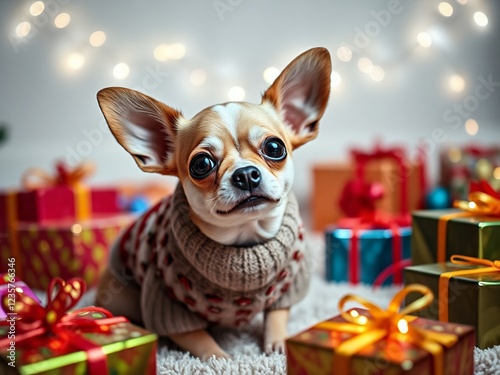 an image of a dog wearing a sweater sitting in front of presents. photo