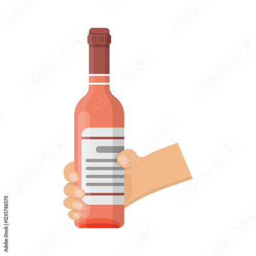 Hand holding wine bottle icon in flat style. Alcohol drink vector illustration on isolated background. Champagne beverage sign business concept.