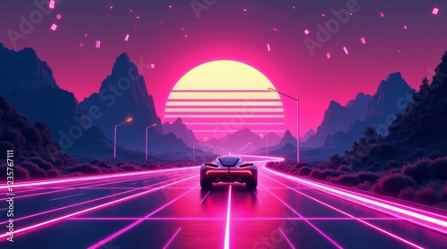 Futuristic neon car on a glowing road with a vibrant sunset backdrop. Ideal for technology, transportation, and cyberpunk themes, perfect for digital art and promotional materials.