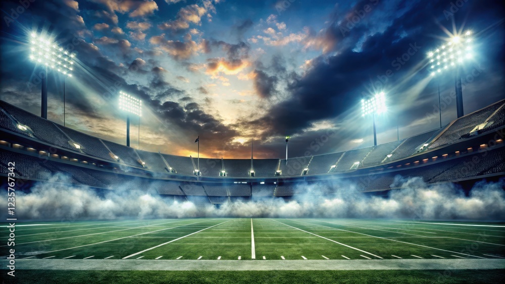 Atmospheric American Football Stadium with Smoke, dusk, fog, dusk, fog, mist Atmospheric American Football Stadium with Smoke, dusk, fog, dusk, fog, mist