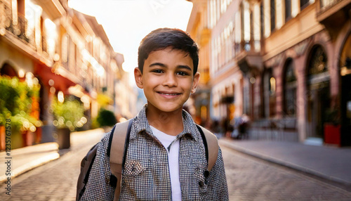 niño caminando en la ciudad photo