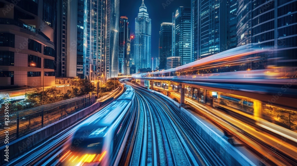 Fototapeta premium City Lights and Motion: A sleek train streaks through the heart of a bustling city, its headlights illuminating the concrete jungle.