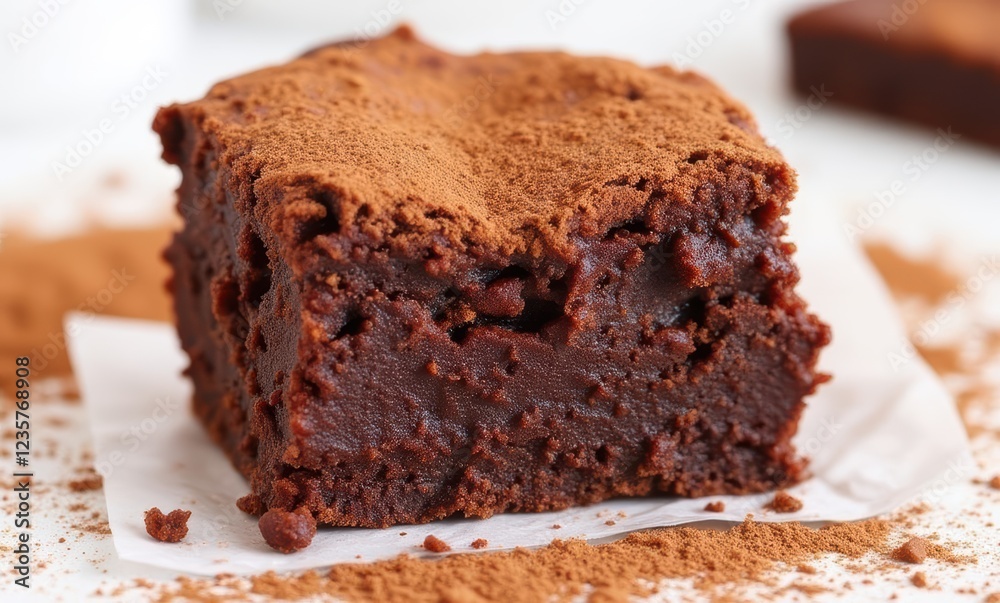 Decadent chocolate brownie with cocoa dusting Decadent chocolate brownie with cocoa dusting