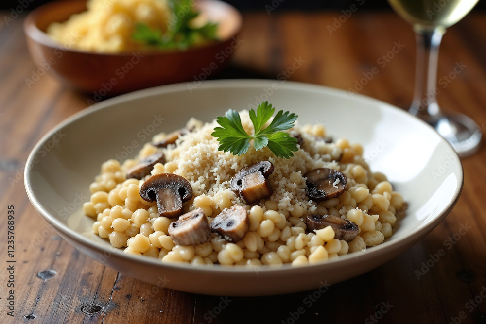 Creamy Mushroom Pasta with Parmesan in Cozy Restaurant Setting Creamy Mushroom Pasta with Parmesan in Cozy Restaurant Setting
