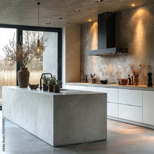 Modern minimalist kitchen with concrete island, white cabinets, and black range hood. photo