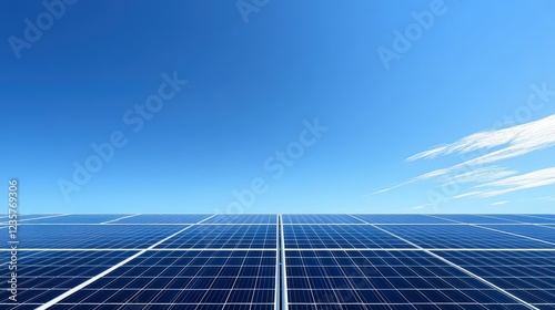 Solar Power in the Sky: A field of solar panels stretches towards the horizon, basking in the warm glow of a cloudless blue sky, showcasing the potential for clean energy and sustainability. 