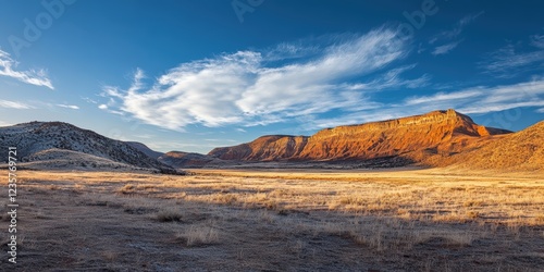 Desert Landscape at Sunset:  A breathtaking panoramic view of a vast desert plain, bathed in the warm golden light of the setting sun.