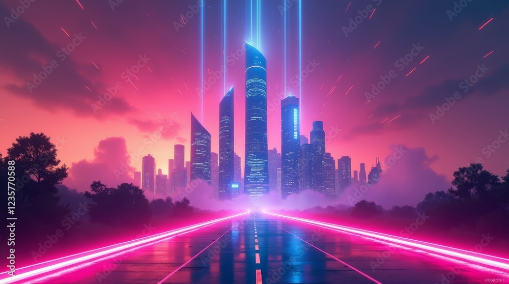 Futuristic cityscape with neon lights, glowing beams, and a wide road. Ideal for tech, cyberpunk, and sci-fi themes. Best used for digital artwork, backgrounds, and urban designs. Futuristic cityscape with neon lights, glowing beams, and a wide road. Ideal for tech, cyberpunk, and sci-fi themes. Best used for digital artwork, backgrounds, and urban designs.