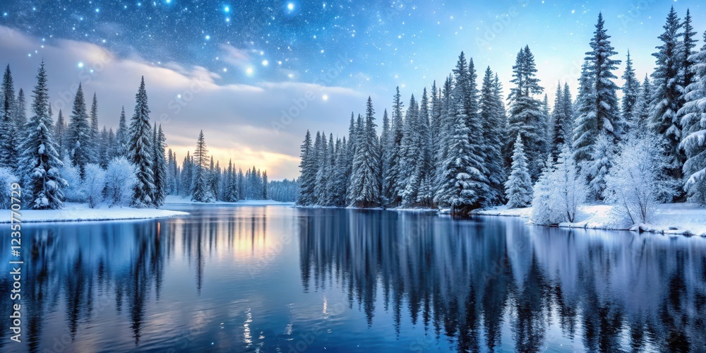 Obraz premium Winter forest at dusk with snowflakes gently falling on evergreen trees and frozen lake in the background, frozen lake, winter wonderland