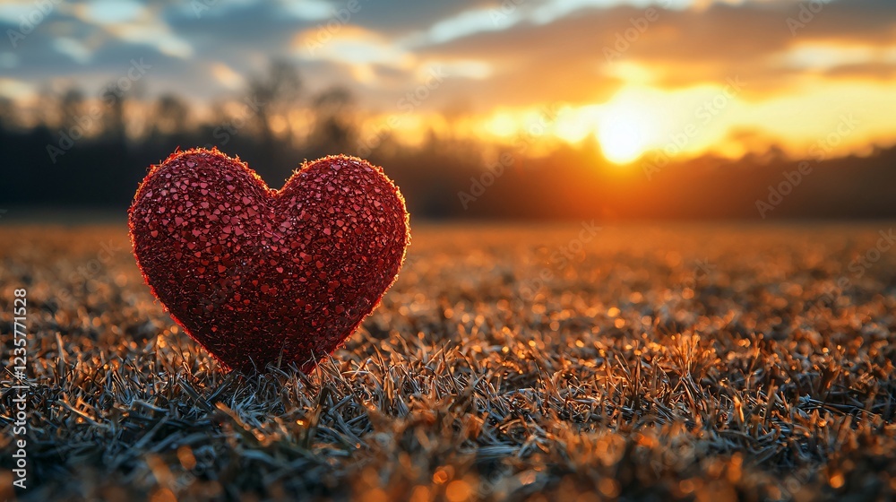 Fototapeta premium Romantic Red Glittery Heart in Field at Golden Sunset Love Concept