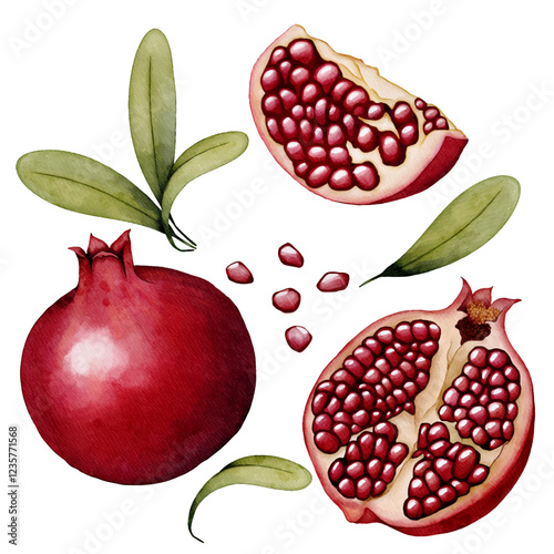 Realistic watercolor drawing set of a pomegranate. Pomegranate, half a pomegranate, berries, seeds and leaves. Vector illustration