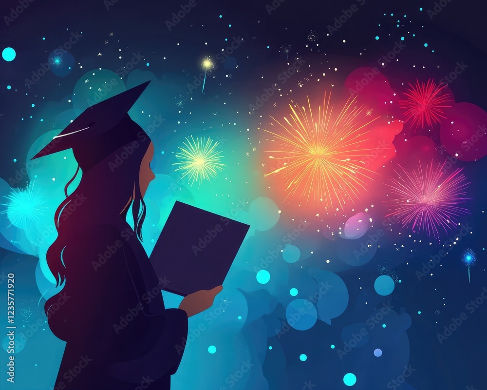 Fototapeta premium A graduate in a cap holds a diploma, gazing at colorful fireworks against a starry night sky, celebrating a significant achievement.