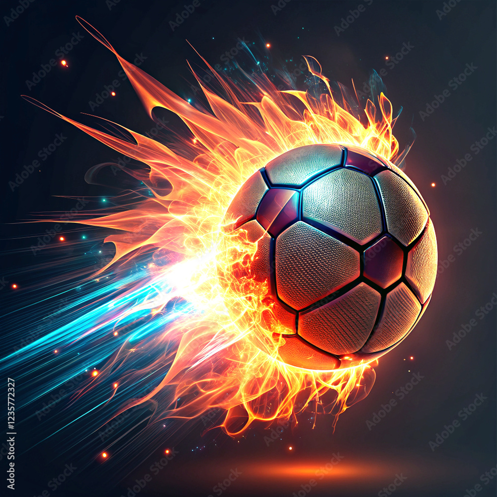 Fototapeta premium Fiery Soccer Ball in Motion, soccer ball surrounding fire.