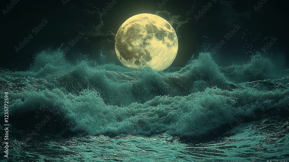 Full moon over stormy ocean waves at night; dramatic seascape for fantasy, horror