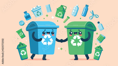 Recycling Duo, two cute anthropomorphic recycling bins (one blue for paper, one green for glass) holding hands and dancing joyfully. Include recyclable items floating around them