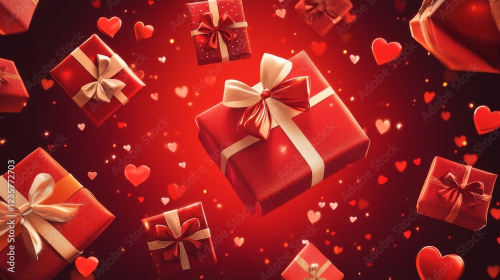 29.A visually striking illustration of a bold red background adorned with heart motifs, glowing sparkles, and floating gift boxes of various sizes. Each box is detailed with textured wrapping paper 29.A visually striking illustration of a bold red background adorned with heart motifs, glowing sparkles, and floating gift boxes of various sizes. Each box is detailed with textured wrapping paper