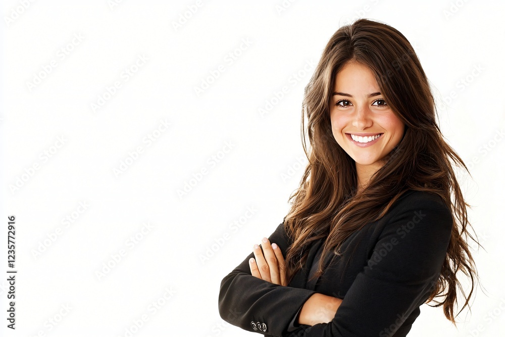 Confident Young Businesswoman with Long Brown Hair Smiling Arms Crossed White Background Portrait Confident Young Businesswoman with Long Brown Hair Smiling Arms Crossed White Background Portrait