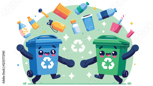 Recycling Duo, two cute anthropomorphic recycling bins (one blue for paper, one green for glass) holding hands and dancing joyfully. Include recyclable items floating around them